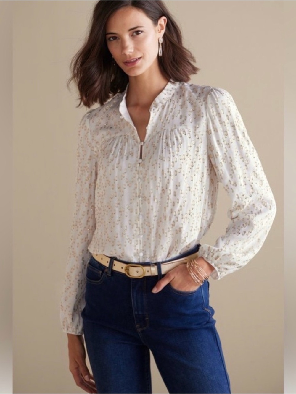 SOFT SURROUNDINGS Milla Ivory and Gold Metallic Blouse Size Large